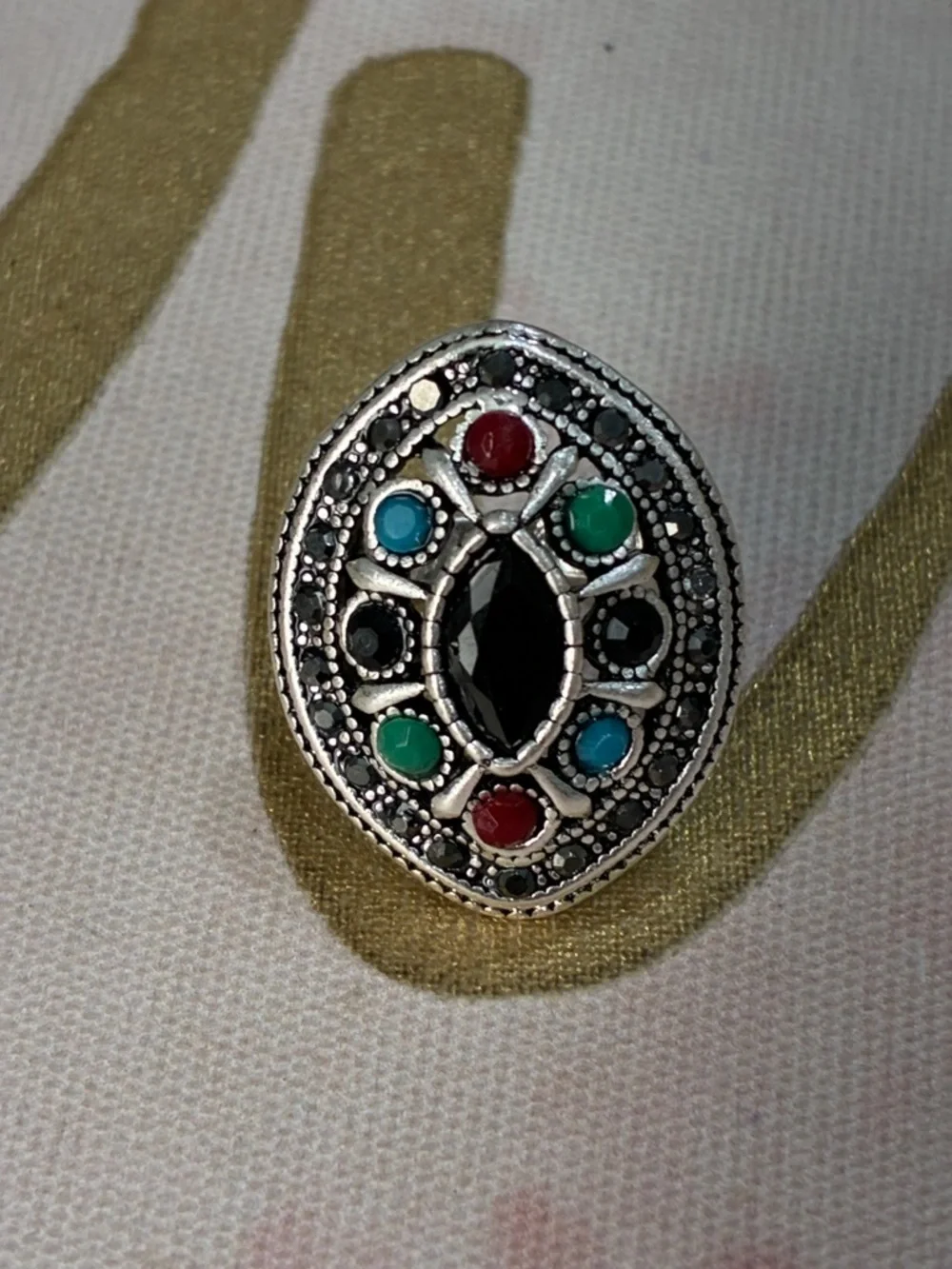 Multicolor Stone Oval Statement Ring - Silver Tone